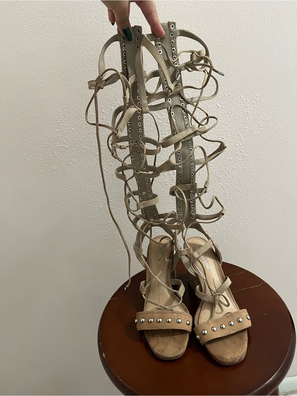 Gianni Bini Beige Lace-Up Studded Gladiator Heeled Sandals